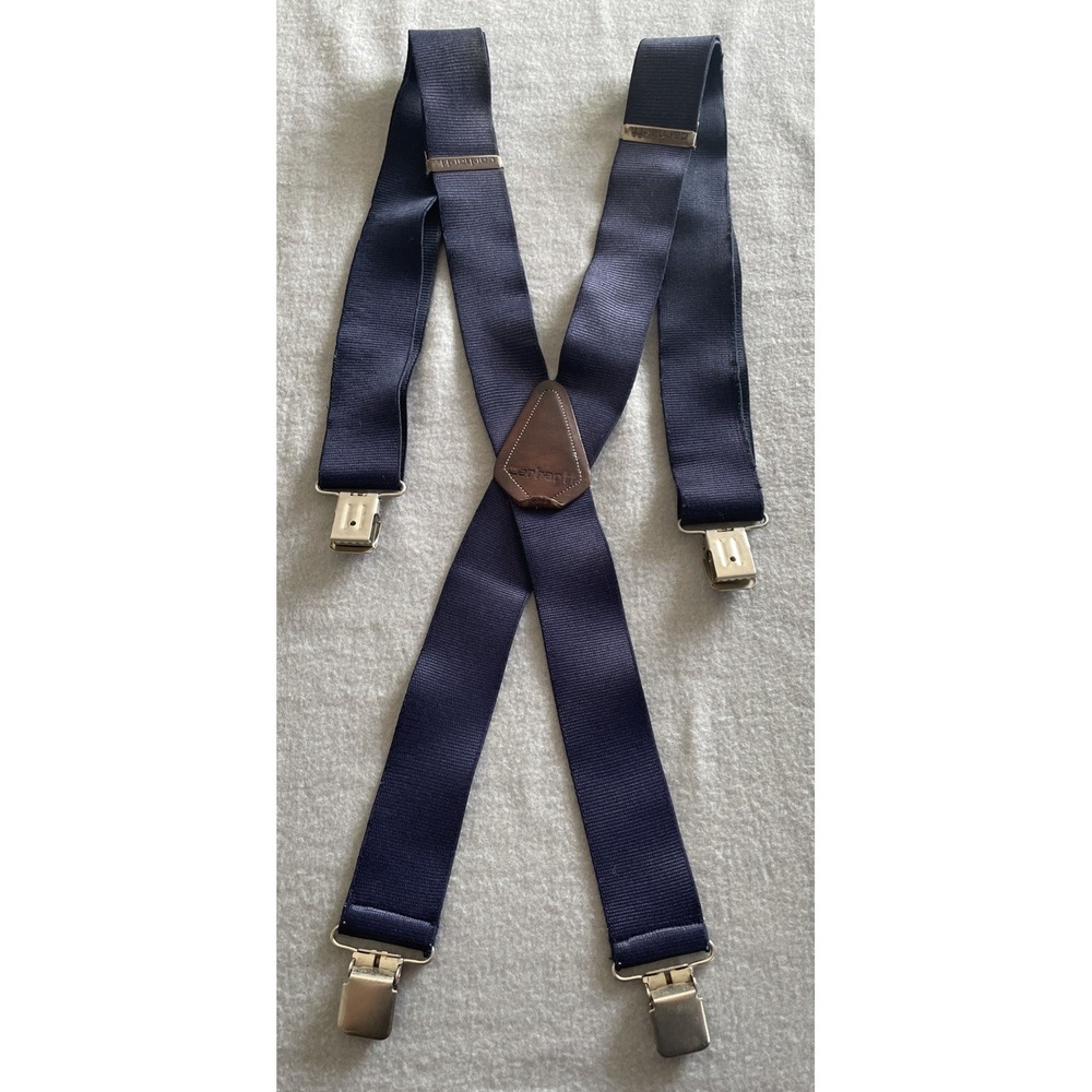 Vintage Carhartt Wide Suspenders Leather Brace Heavy Duty Utility Navy Workwear